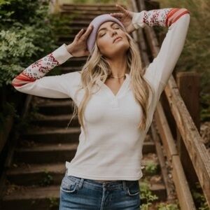 Free People Mikah Layering top with embroidered cuff sleeve